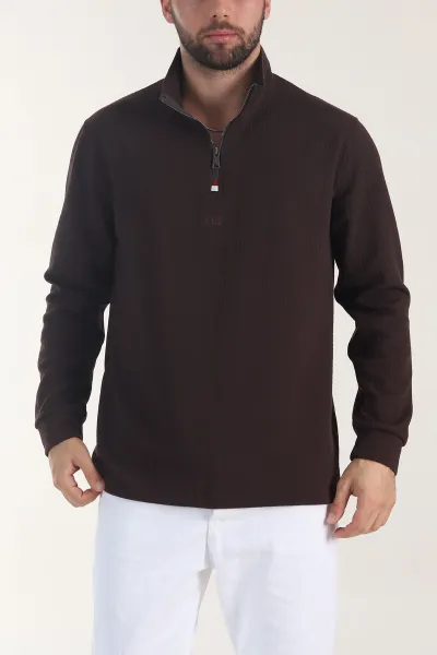 kahverengi-yarim-fermuarli-dik-yaka-dokulu-erkek-sweatshirt-406840