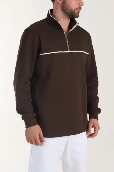 Kahverengi Yarım Fermuarlı Dik Yaka Erkek Sweatshirt 404821