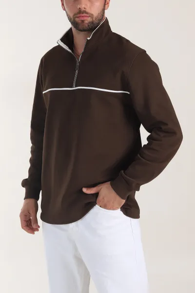 Kahverengi Yarım Fermuarlı Dik Yaka Erkek Sweatshirt 404821
