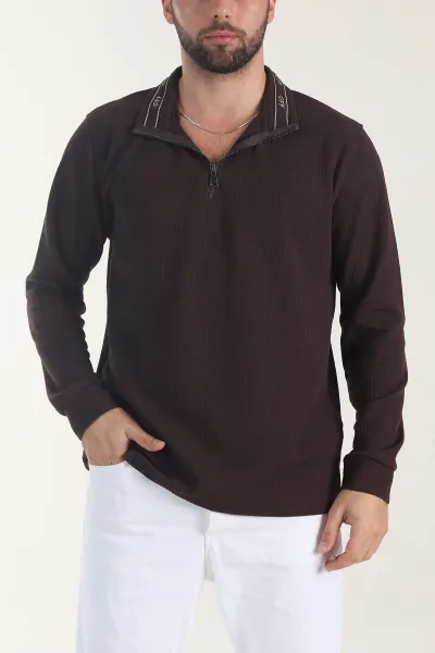 Kahverengi Yarım Fermuarlı Dokulu Dik Yaka Erkek Sweatshirt 406935