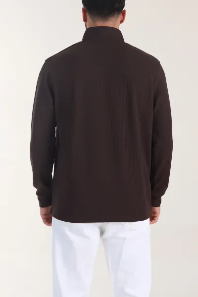 Kahverengi Yarım Fermuarlı Dokulu Dik Yaka Erkek Sweatshirt 406935