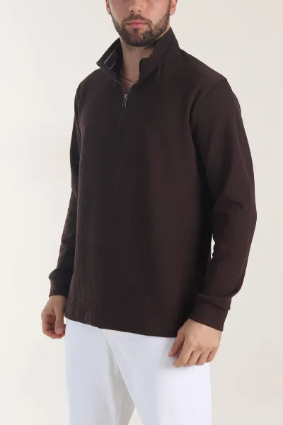 kahverengi-yarim-fermuarli-dokulu-dik-yaka-erkek-sweatshirt-406935