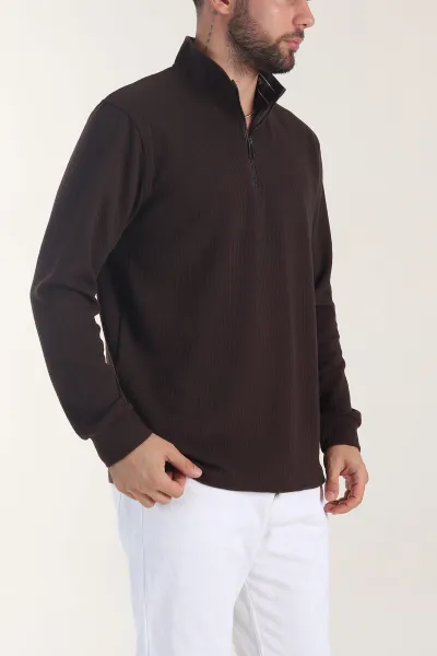 Kahverengi Yarım Fermuarlı Dokulu Dik Yaka Erkek Sweatshirt 406935