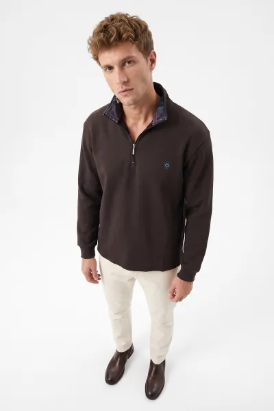 Kahverengi Yarım Fermuarlı Erkek Sweatshirt 499406