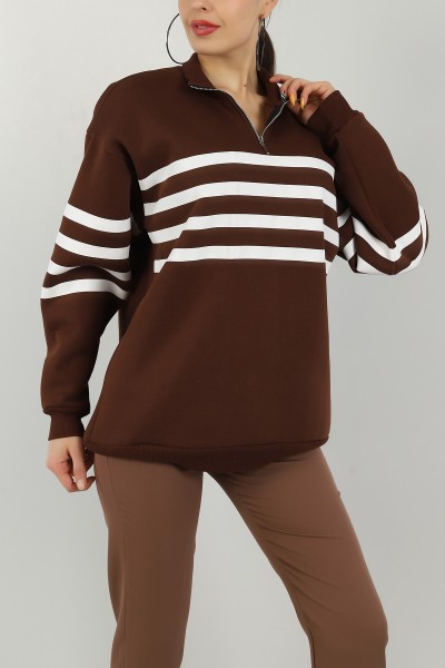 Kahverengi Yarım Fermuarlı İçi Şardonlu Sweat 146618