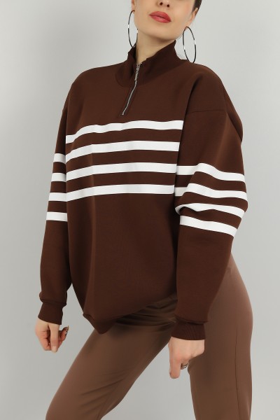 Kahverengi Yarım Fermuarlı İçi Şardonlu Sweat 146618