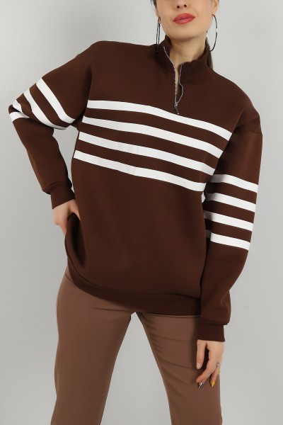 Kahverengi Yarım Fermuarlı İçi Şardonlu Sweat 146618
