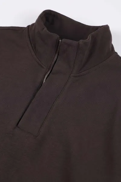 Kahverengi Yarım Fermuarlı Lastik Detaylı Erkek Sweatshirt 492053