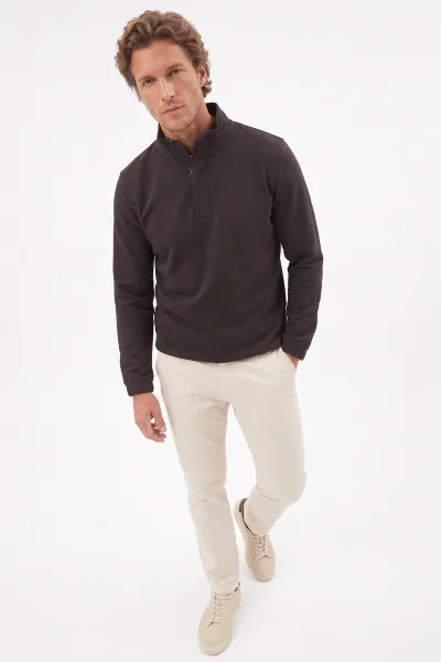 Kahverengi Yarım Fermuarlı Lastik Detaylı Erkek Sweatshirt 492053