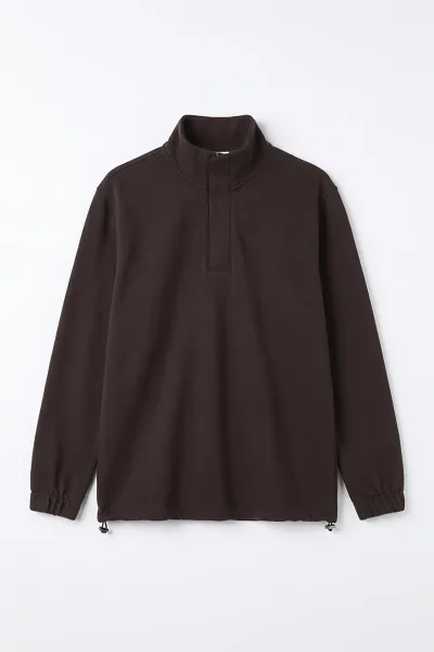 Kahverengi Yarım Fermuarlı Lastik Detaylı Erkek Sweatshirt 492053