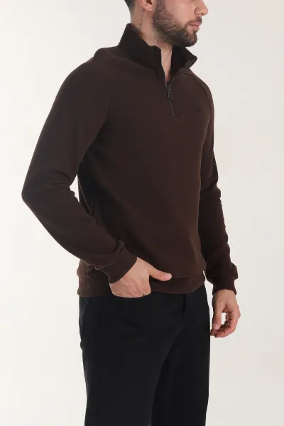 Kahverengi Yarım Fermuarlı Nakış Detaylı Erkek Sweatshirt 406851