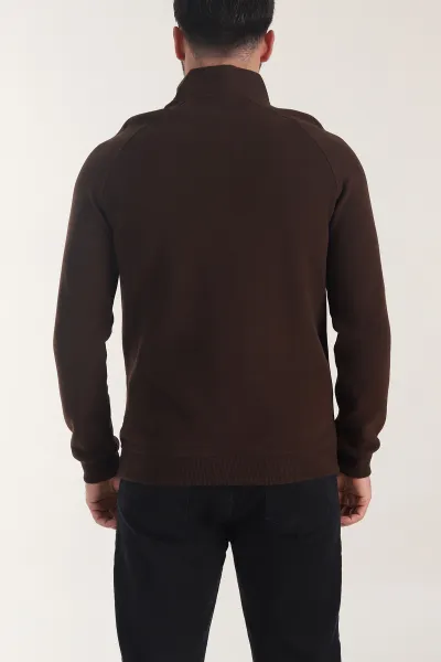 Kahverengi Yarım Fermuarlı Nakış Detaylı Erkek Sweatshirt 406851