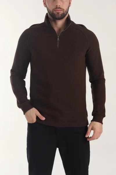 Kahverengi Yarım Fermuarlı Nakış Detaylı Erkek Sweatshirt 406851