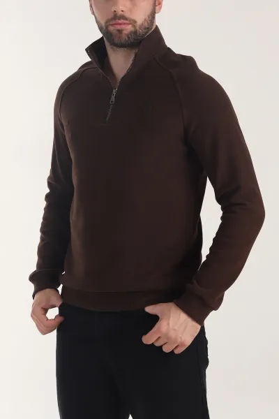 kahverengi-yarim-fermuarli-nakis-detayli-erkek-sweatshirt-406851