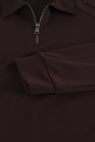 Kahverengi Yarım Fermuarlı Polo Yaka Erkek Sweatshirt 397125