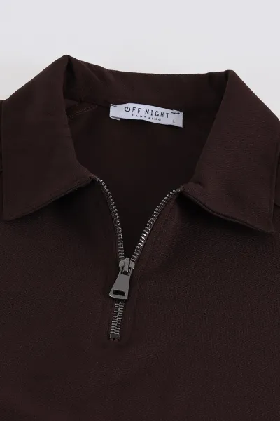 Kahverengi Yarım Fermuarlı Polo Yaka Erkek Sweatshirt 397125