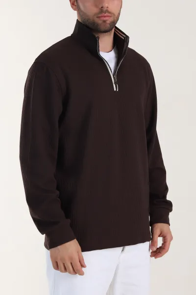 Kahverengi Yarım Fermuarlı Polo Yaka Erkek Sweatshirt 410870