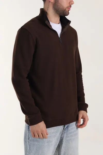 Kahverengi Yarım Fermuarlı Polo Yaka Erkek Sweatshirt 410878