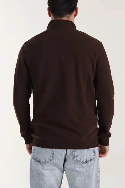 Kahverengi Yarım Fermuarlı Polo Yaka Erkek Sweatshirt 410878