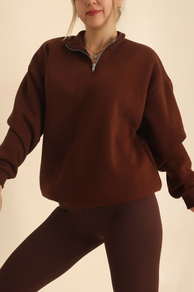 Kahverengi Yarım Fermuarlı Şardonlu Bayan Sweat 219659