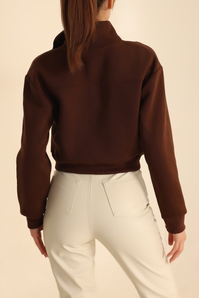 Kahverengi Yarım Fermuarlı Şardonlu Sweat 209591