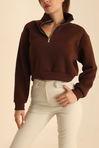 Kahverengi Yarım Fermuarlı Şardonlu Sweat 209591