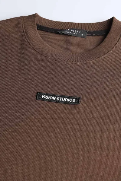 Kahverengi Yazı Detaylı Bisiklet Yaka Erkek Sweatshirt 396910
