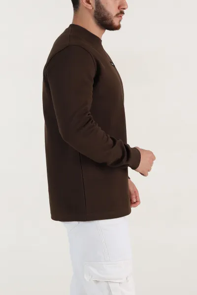 Kahverengi Yazı Detaylı Bisiklet Yaka Erkek Sweatshirt 396910