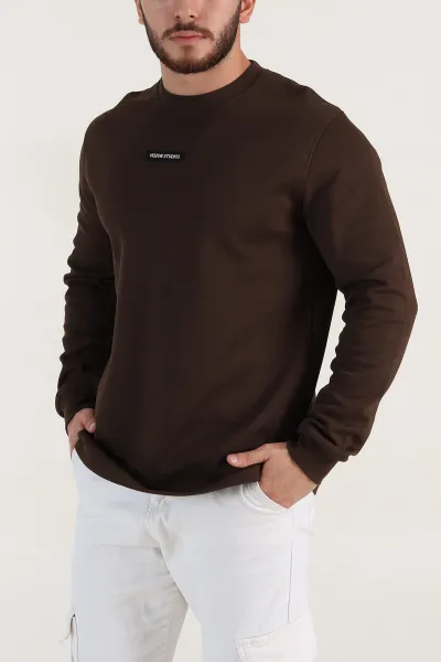 Kahverengi Yazı Detaylı Bisiklet Yaka Erkek Sweatshirt 396910