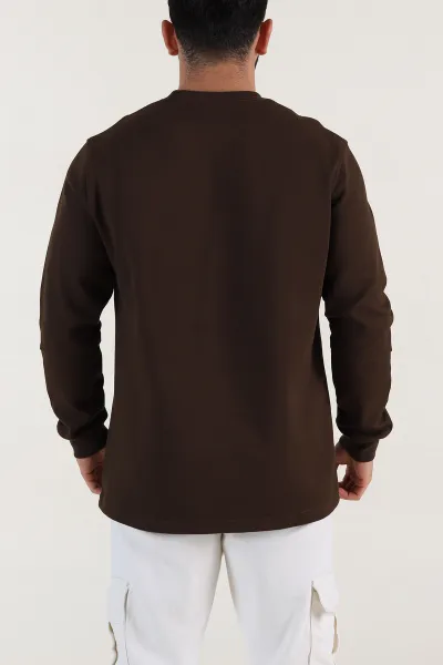 Kahverengi Yazı Detaylı Bisiklet Yaka Erkek Sweatshirt 396927