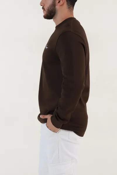 Kahverengi Yazı Detaylı Bisiklet Yaka Erkek Sweatshirt 396927