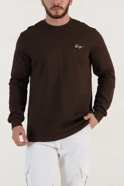 Kahverengi Yazı Detaylı Bisiklet Yaka Erkek Sweatshirt 396927