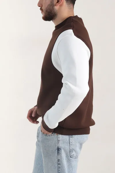 Kahverengi Yazı Detaylı Bisiklet Yaka Erkek Sweatshirt 404763