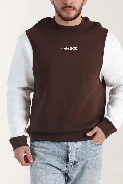 Kahverengi Yazı Detaylı Bisiklet Yaka Erkek Sweatshirt 404763