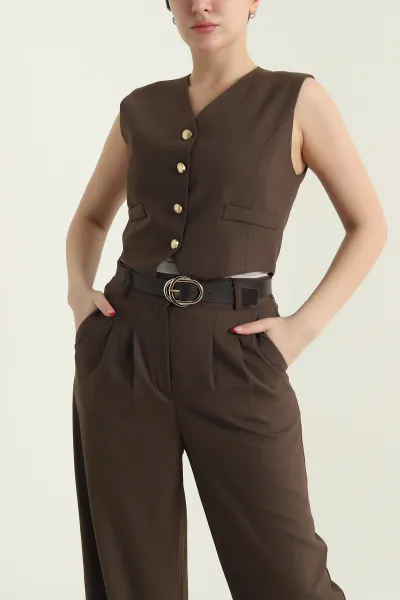 Kahverengi Yelek Pantolon Bezayağı Kadın İkili Takım 433296