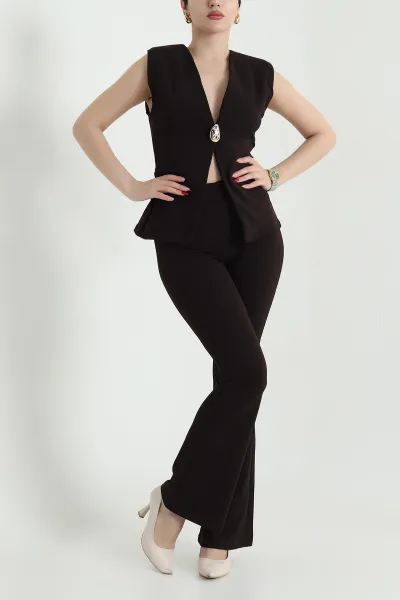Kahverengi Yelek Pantolon Crep Kadın İkili Takım 441110