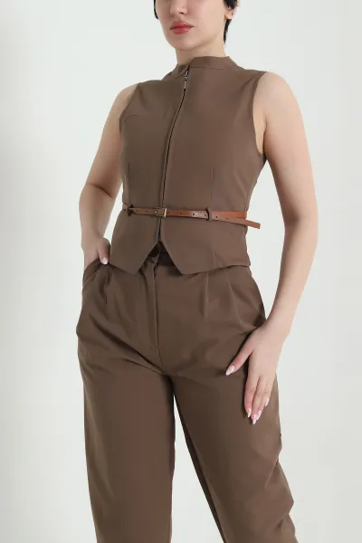 Kahverengi Yelek Pantolon Larimar Kadın İkili Takım 457090