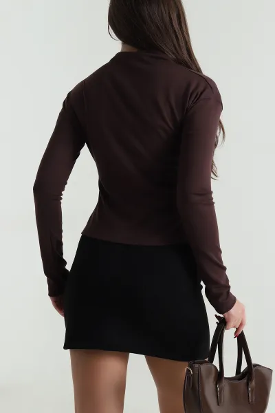 Kahverengi Yeni Sezon Düğmeli Modal Kadın Bluz 496274