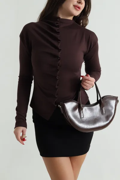 Kahverengi Yeni Sezon Düğmeli Modal Kadın Bluz 496274