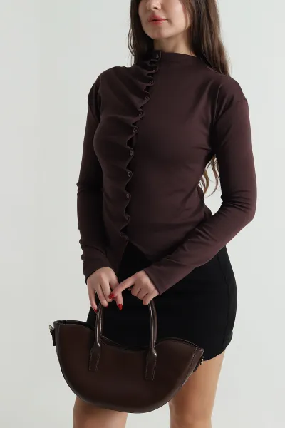 Kahverengi Yeni Sezon Düğmeli Modal Kadın Bluz 496274