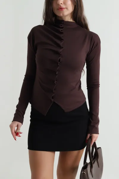 Kahverengi Yeni Sezon Düğmeli Modal Kadın Bluz 496274