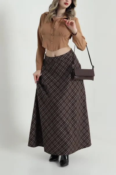 Kahverengi Yeni Sezon Ekose Kadın Etek 492532