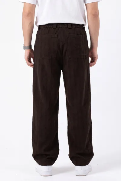 Kahverengi Yeni Sezon Keten Baggy Belden Bağlamalı Erkek Pantolon 471914