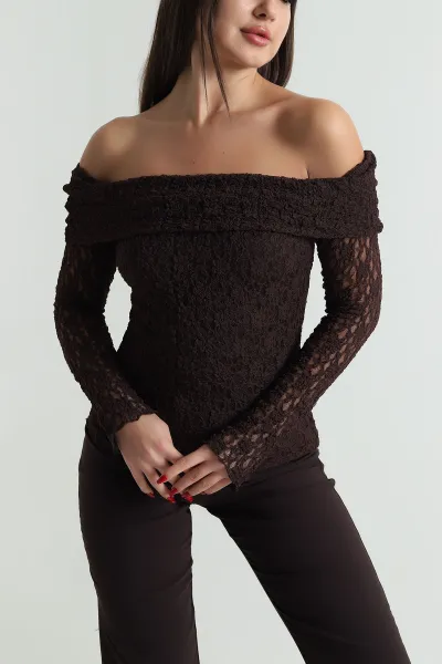 Kahverengi Yeni Sezon Madonna Yaka Kadın Bluz 493110