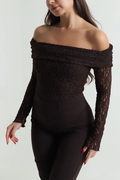 Kahverengi Yeni Sezon Madonna Yaka Kadın Bluz 493110