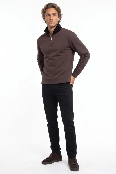 Kahverengi Yeni Sezon Yarım Fermuarlı Erkek Sweatshirt 501129