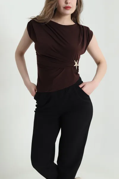 Kahverengi Yıldız Tokalı Buzzy Kadın Bluz 459736