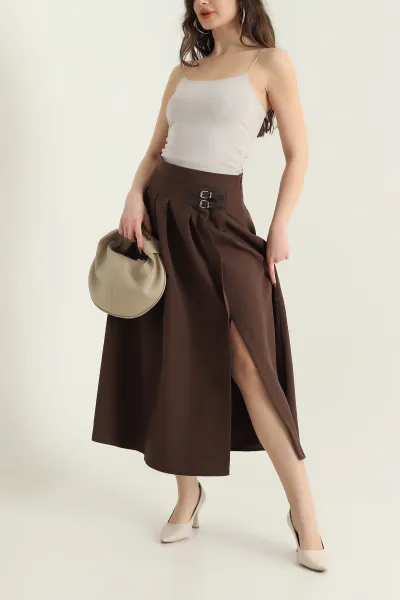 Kahverengi Yırtmaçlı Fermuarlı Kemerli Tasarım Dabıl Kadın Etek 437020