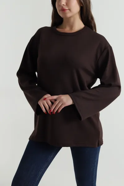 Kahverengi Yırtmaçlı Modal Kadın Tunik 496125