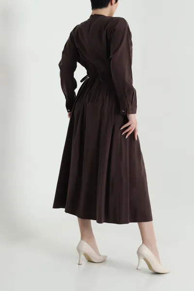 Kahverengi Yırtmaçlı Tencel Kadın Elbise 449039